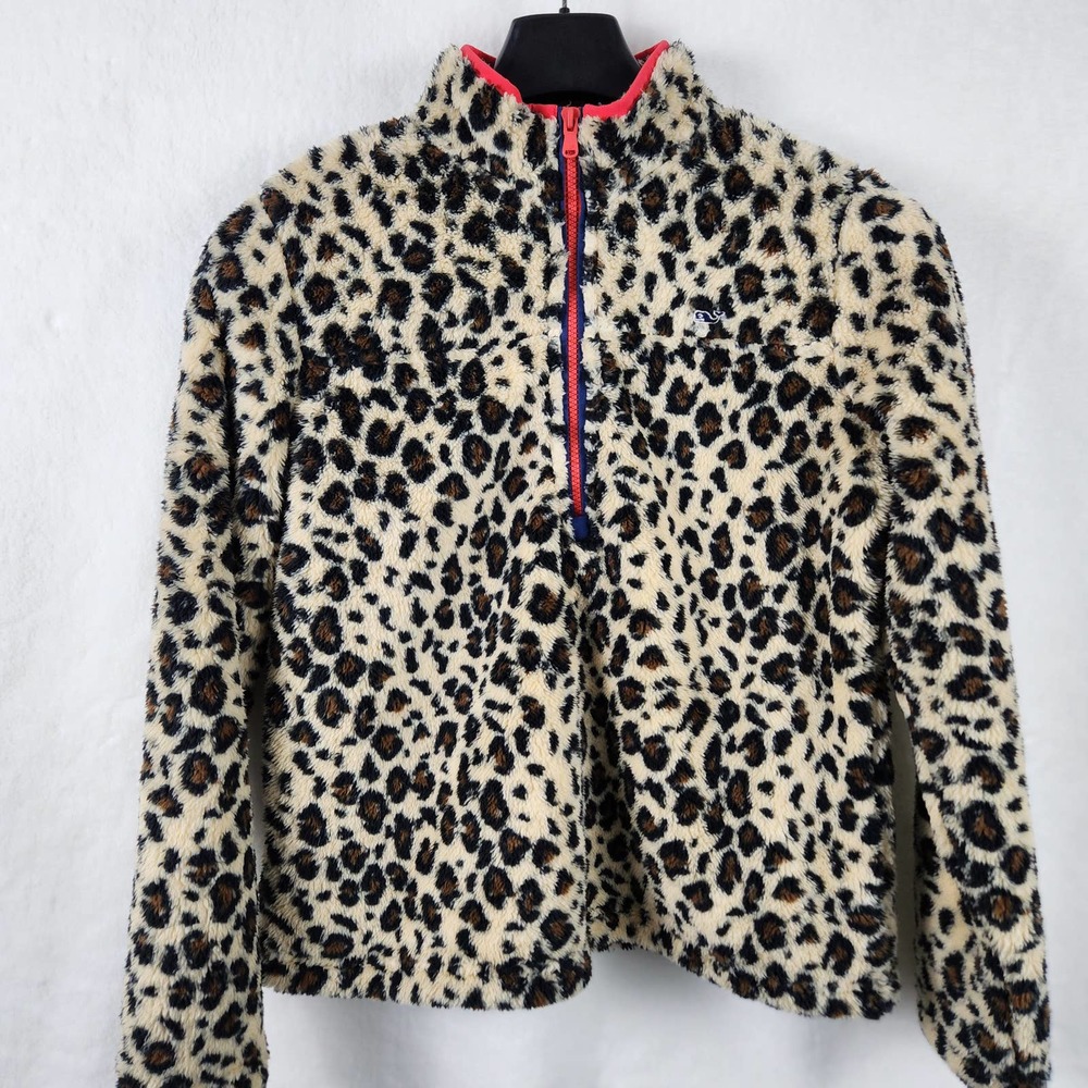 Vineyard Vines Women's Animal Print Plush Teddy Fleece 1/2 Zip Pullover Size Med